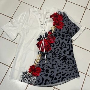 Rose, white and grey short sleeve top worn lace up detail